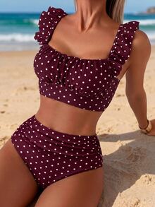 Swim Basics 2pcs Women's White Polka Dot Summer Cute Retro Vintage Holiday Pool Party Elegant Ruffle Strap Pleated Top&High Waist Ruched Triangle Bottoms Set - Burgundy - View 3