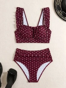 Swim Basics 2pcs Women's White Polka Dot Summer Cute Retro Vintage Holiday Pool Party Elegant Ruffle Strap Pleated Top&High Waist Ruched Triangle Bottoms Set - Burgundy - View 5