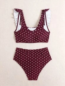 Swim Basics 2pcs Women's White Polka Dot Summer Cute Retro Vintage Holiday Pool Party Elegant Ruffle Strap Pleated Top&High Waist Ruched Triangle Bottoms Set - Burgundy - View 6