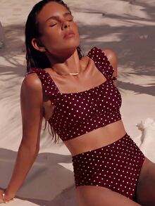 Swim Basics 2pcs Women's White Polka Dot Summer Cute Retro Vintage Holiday Pool Party Elegant Ruffle Strap Pleated Top&High Waist Ruched Triangle Bottoms Set - Burgundy - View 1
