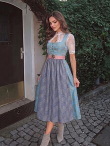 Fairmaia 德式傳統優雅配色拼接印花女款Dirndl洋裝，適合慕尼黑啤酒節派對、洗禮賓客、婚禮，夏季天藍色 - 彩色 - 查看 5