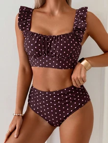 Swim Basics 2pcs Women's Cute Retro Vintage Purple Polka Dot Ruffle Strap Pleated Top&High Waist Ruched Triangle Bottoms Set,Summer Holiday Beach Party Vacation - Multicolor - View 5