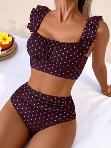 Swim Basics 2pcs Women's Cute Retro Vintage Purple Polka Dot Ruffle Strap Pleated Top&High Waist Ruched Triangle Bottoms Set,Summer Holiday Beach Party Vacation - Multicolor - View 4
