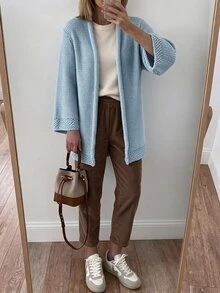 Louniche Casual Shawl Collar Textured Knit Cardigan, Women Open Front Loose Lightweight Sweater Jacket - Blue - View 5