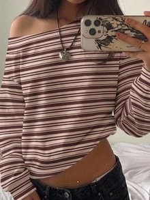 女款不對稱單肩寬鬆休閒極簡日常百搭派對機場穿搭 Y2K 上衣，杏棕條紋，夏季外出穿搭 - 彩色 - 查看 1