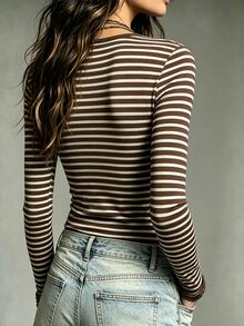 Glimmora Women's Striped V-Neck Long Sleeve Fitted Casual T-Shirt - Coffee Brown - View 2