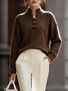 Penseblé Retro Chinese Style Frog Button Sweater, Women Stand Collar Long Sleeve Loose Fall Knit Pullover - Brown - View 1