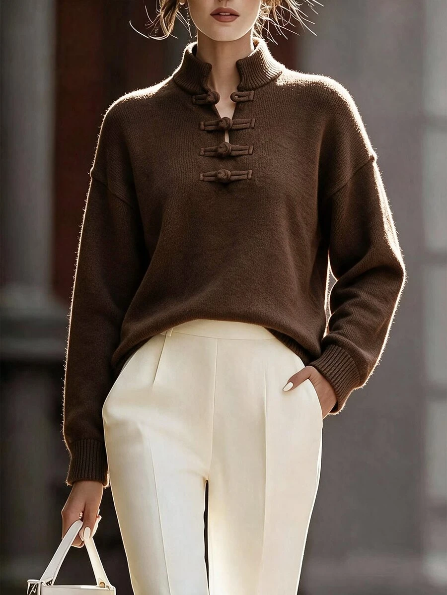 Penseblé Retro Chinese Style Frog Button Sweater, Women Stand Collar Long Sleeve Loose Fall Knit Pullover - Brown - View 1