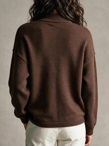 Penseblé Retro Chinese Style Frog Button Sweater, Women Stand Collar Long Sleeve Loose Fall Knit Pullover - Brown - View 2