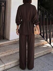 SHEIN PariChic Women's Elegant Lace Trim Patchwork 2 Pieces Set - Coffee Brown - View 2