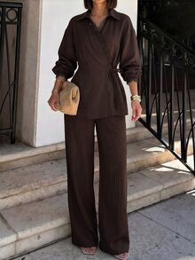 SHEIN PariChic Women's Elegant Lace Trim Patchwork 2 Pieces Set - Coffee Brown - View 3