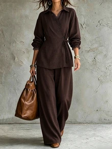 SHEIN PariChic Women's Elegant Lace Trim Patchwork 2 Pieces Set - Coffee Brown - View 1