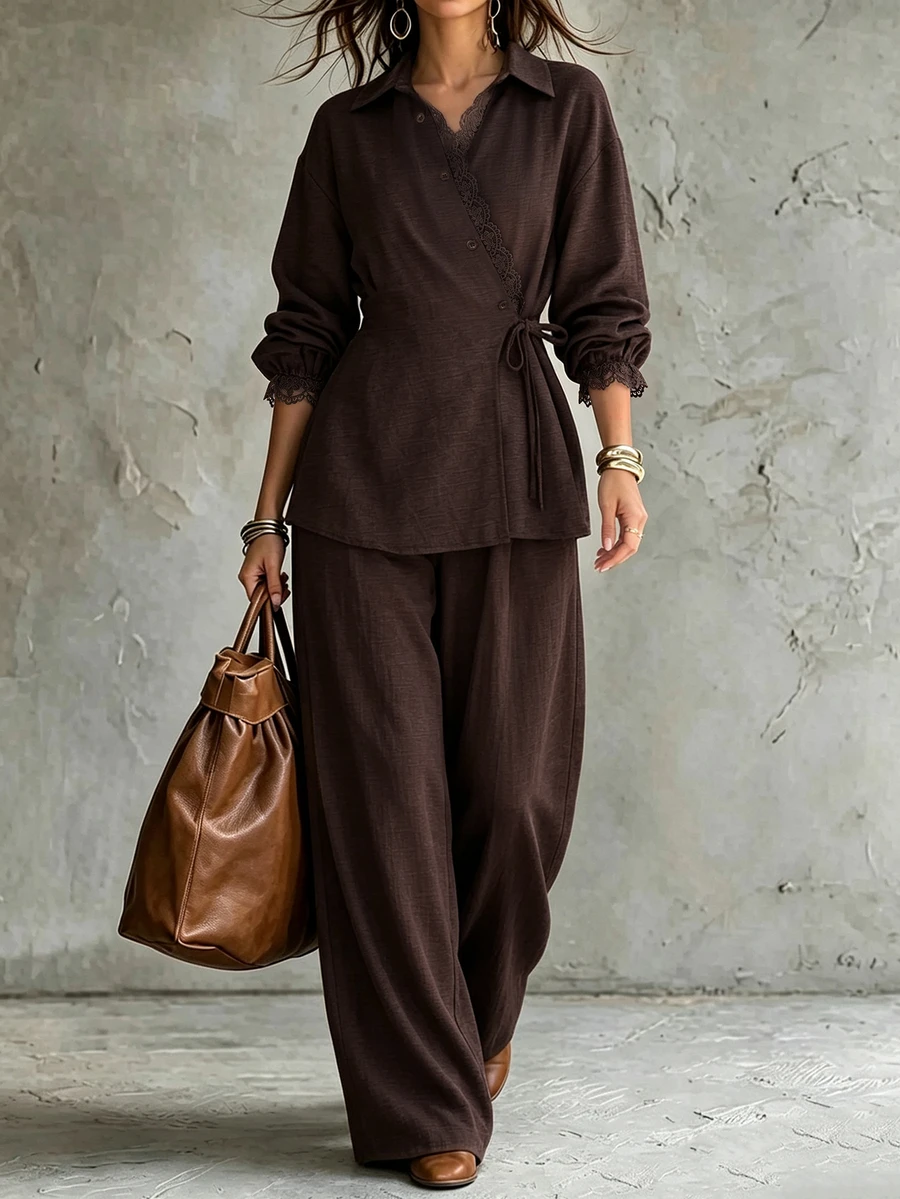 SHEIN PariChic Women's Elegant Lace Trim Patchwork 2 Pieces Set - Coffee Brown - View 1