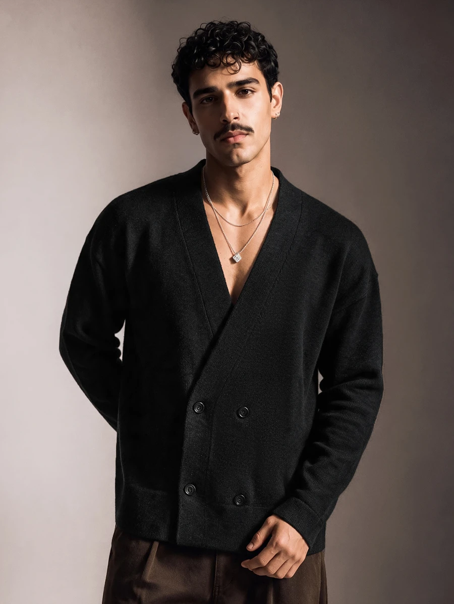 FeverCity Men's Solid Color Long Sleeve Double-Breasted Casual Knit Cardigan - Black - View 1