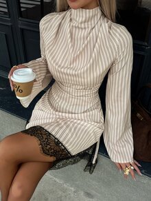 Siren Gaze Women's Striped High Neck Mini Dress With Lace Trim, Long Sleeve Fitted Party Dress, Autumn/Winter - Multicolor - View 9