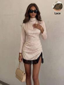 Siren Gaze Women's Striped High Neck Mini Dress With Lace Trim, Long Sleeve Fitted Party Dress, Autumn/Winter - Multicolor - View 4