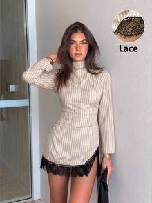 Siren Gaze Women's Striped High Neck Mini Dress With Lace Trim, Long Sleeve Fitted Party Dress, Autumn/Winter - Multicolor - View 2