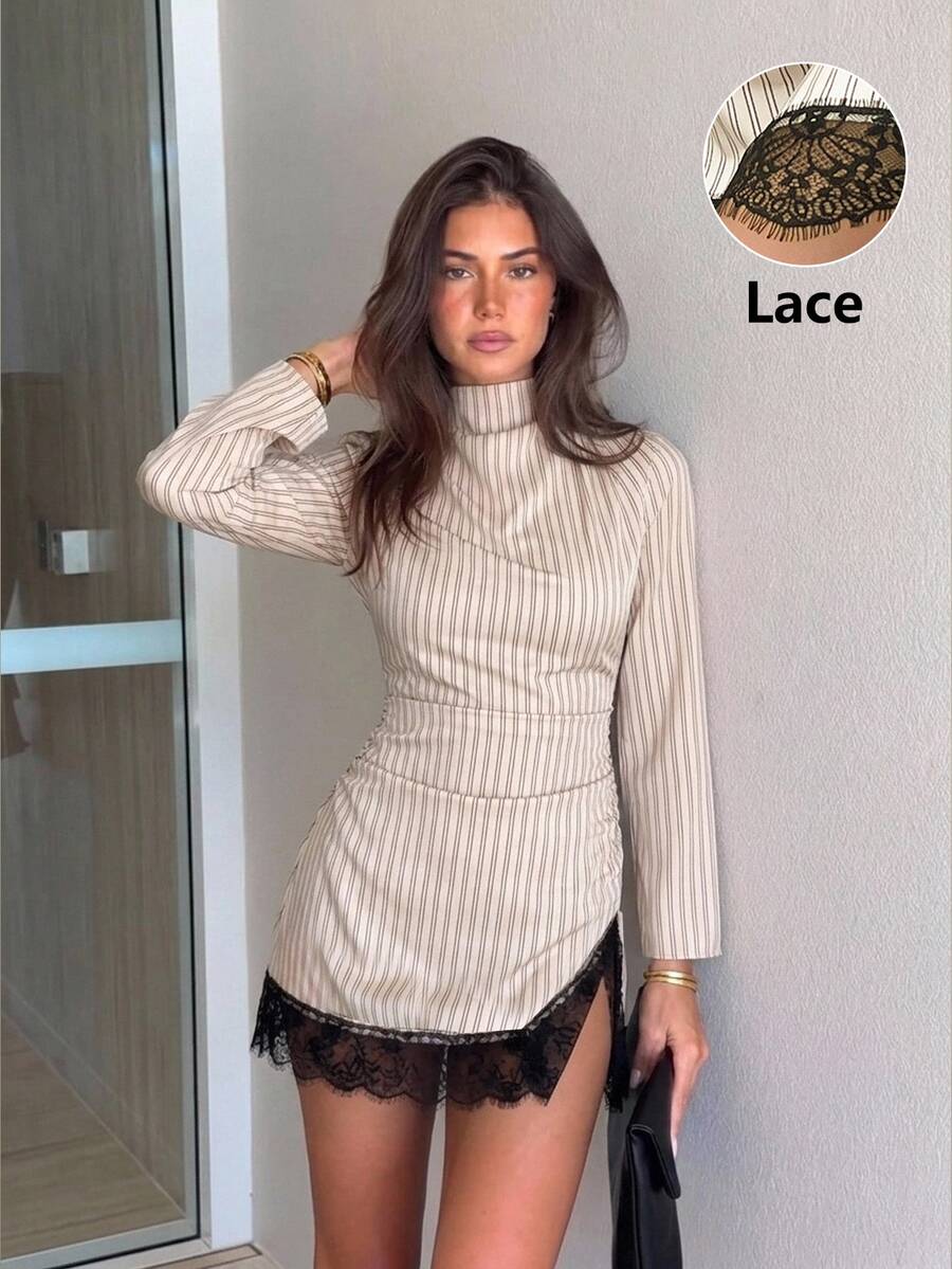 Siren Gaze Women's Striped High Neck Mini Dress With Lace Trim, Long Sleeve Fitted Party Dress, Autumn/Winter