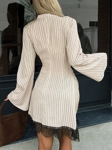 Siren Gaze Women's Striped High Neck Mini Dress With Lace Trim, Long Sleeve Fitted Party Dress, Autumn/Winter - Multicolor - View 3