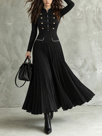 SHEIN Women's Black Thick Suit Fabric A-Line Mid-Length Dress, Spring/Autumn/Winter Vintage Military Style Elegant Dress, Stand Collar Double-Breasted Gold Buttons, Pocket Decor Long Sleeve Full Skirt, Suitable For Office Commute, Business Dinner