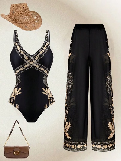 Swim Oasis Black Strappy One-Piece With Elegant Plant Print And Matching Long Wide-Leg Pants