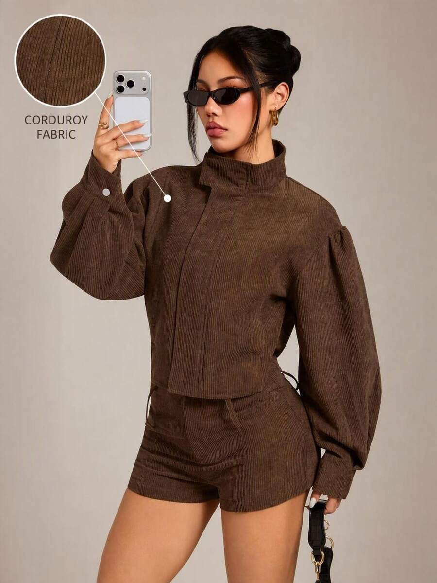 SHEIN PETITE Brown Corduroy Women's Jacket And Shorts Casual Set - Brown - View 1