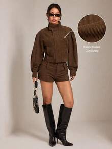 SHEIN PETITE Brown Corduroy Women's Jacket And Shorts Casual Set - Brown - View 4