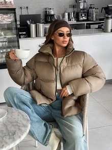 RiviMae Women Solid Color Pocket And Zipper Detailed Casual Style Puffer Wintercoats Everyday Travel Taupe - Beige - View 8