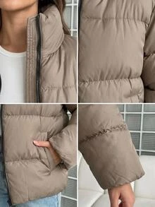 RiviMae Women Solid Color Pocket And Zipper Detailed Casual Style Puffer Wintercoats Everyday Travel Taupe - Beige - View 6