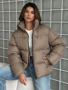 RiviMae Women Solid Color Pocket And Zipper Detailed Casual Style Puffer Wintercoats Everyday Travel Taupe - Beige - View 4