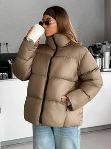 RiviMae Women Solid Color Pocket And Zipper Detailed Casual Style Puffer Wintercoats Everyday Travel Taupe - Beige - View 9