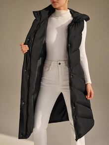 CLARA VERO Black Long Hooded Puffer Vest Everyday Travel Casual - Black - View 12