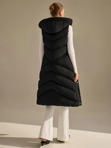 CLARA VERO Black Long Hooded Puffer Vest Everyday Travel Casual - Black - View 9