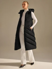 CLARA VERO Black Long Hooded Puffer Vest Everyday Travel Casual - Black - View 7