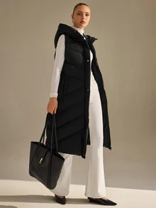 CLARA VERO Black Long Hooded Puffer Vest Everyday Travel Casual - Black - View 8