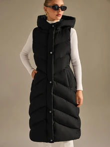 CLARA VERO Black Long Hooded Puffer Vest Everyday Travel Casual - Black - View 1