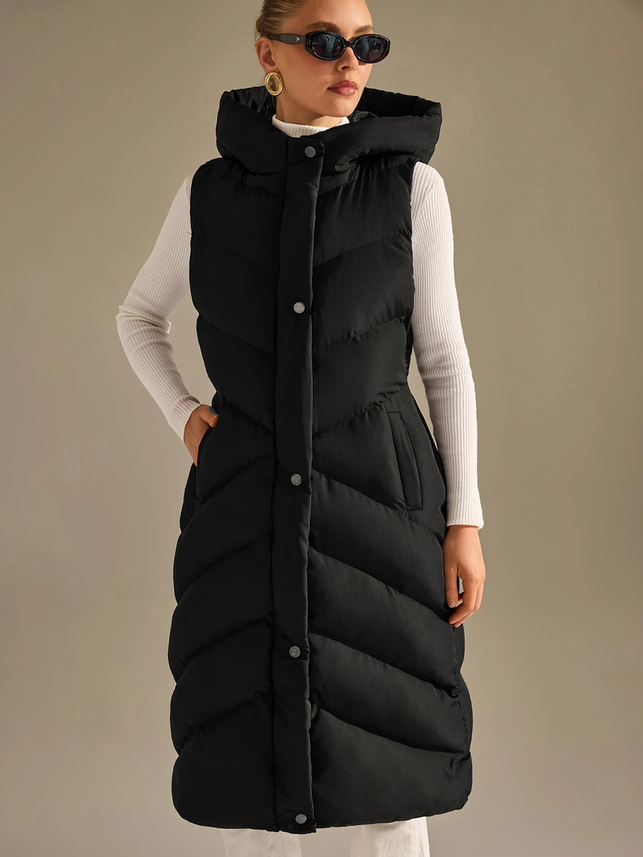 CLARA VERO Black Long Hooded Puffer Vest Everyday Travel Casual - Black - View 1