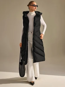 CLARA VERO Black Long Hooded Puffer Vest Everyday Travel Casual - Black - View 3