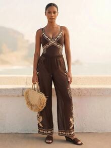 SHEIN Swim 女款兩件式花卉印花泳衣套裝，甜美棕色夏季波希米亞風海灘度假度假穿搭，連身泳衣海灘套裝 - 棕色 - 查看 5