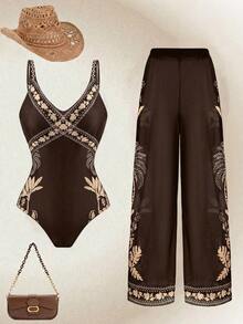 SHEIN Swim 女款兩件式花卉印花泳衣套裝，甜美棕色夏季波希米亞風海灘度假度假穿搭，連身泳衣海灘套裝 - 棕色 - 查看 6