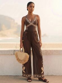 SHEIN Swim 女款兩件式花卉印花泳衣套裝，甜美棕色夏季波希米亞風海灘度假度假穿搭，連身泳衣海灘套裝 - 棕色 - 查看 4