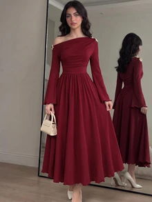 SHEIN 青少年女孩派對穿搭單肩中長洋裝，優雅單肩洋裝，秋冬季女孩服飾，新年洋裝 - 酒紅色 - 查看 3