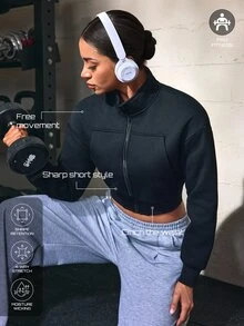 Solea Cove Solea Cove Casual Versatile Solid Color Cropped Sports Sweatshirt - Black - View 4