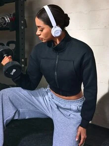 Solea Cove Solea Cove Casual Versatile Solid Color Cropped Sports Sweatshirt - Black - View 7