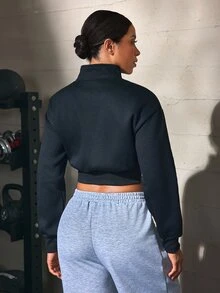 Solea Cove Solea Cove Casual Versatile Solid Color Cropped Sports Sweatshirt - Black - View 3