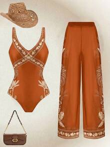 SHEIN Swim 女士两件式印花泳衣，性感甜美浪漫海滩/派对套装，连体泳衣，女士度假套装，女士海滩派对套装，女士夏季套装 - 橘色 - 查看 6