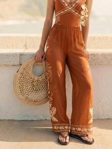 SHEIN Swim 女士两件式印花泳衣，性感甜美浪漫海滩/派对套装，连体泳衣，女士度假套装，女士海滩派对套装，女士夏季套装 - 橘色 - 查看 3