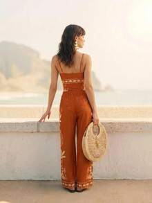 SHEIN Swim 女士两件式印花泳衣，性感甜美浪漫海滩/派对套装，连体泳衣，女士度假套装，女士海滩派对套装，女士夏季套装 - 橘色 - 查看 2