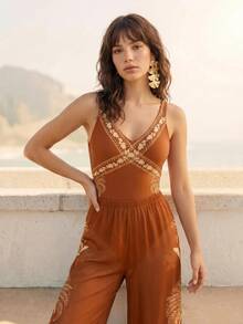 SHEIN Swim 女士两件式印花泳衣，性感甜美浪漫海滩/派对套装，连体泳衣，女士度假套装，女士海滩派对套装，女士夏季套装 - 橘色 - 查看 4
