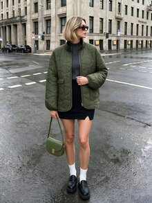 Struktiv Jaket Wanita Kasual Musim Gugur/Dingin dengan Desain Quilted Minimalis dan Nuansa Premium, Cocok untuk Perjalanan Sehari-hari, Berbelanja, dan Santai. Warna Polos Serbaguna. - Hijau Tentara - View 9